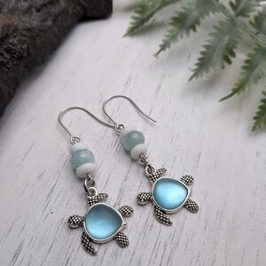 Aqua Silver Turtle Earrings